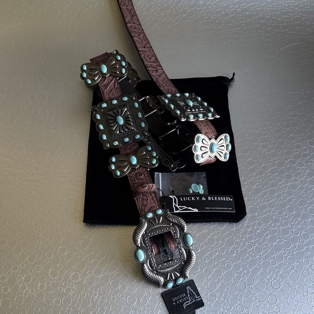 NWT Lucky & Blessed Turquoise Concho Tool Leather Belt - S Runs Bigger Dust Bag - Picture 14 of 14